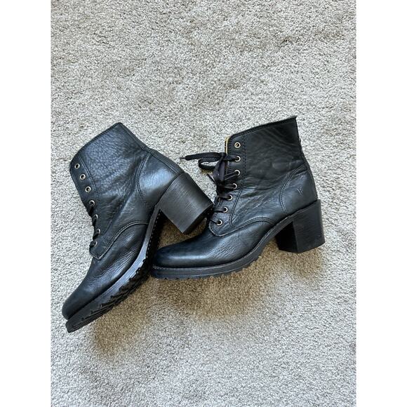 Frye Sabrina leather lace up 2" block heel ankle calf boots lug combat $438 - Picture 3 of 13